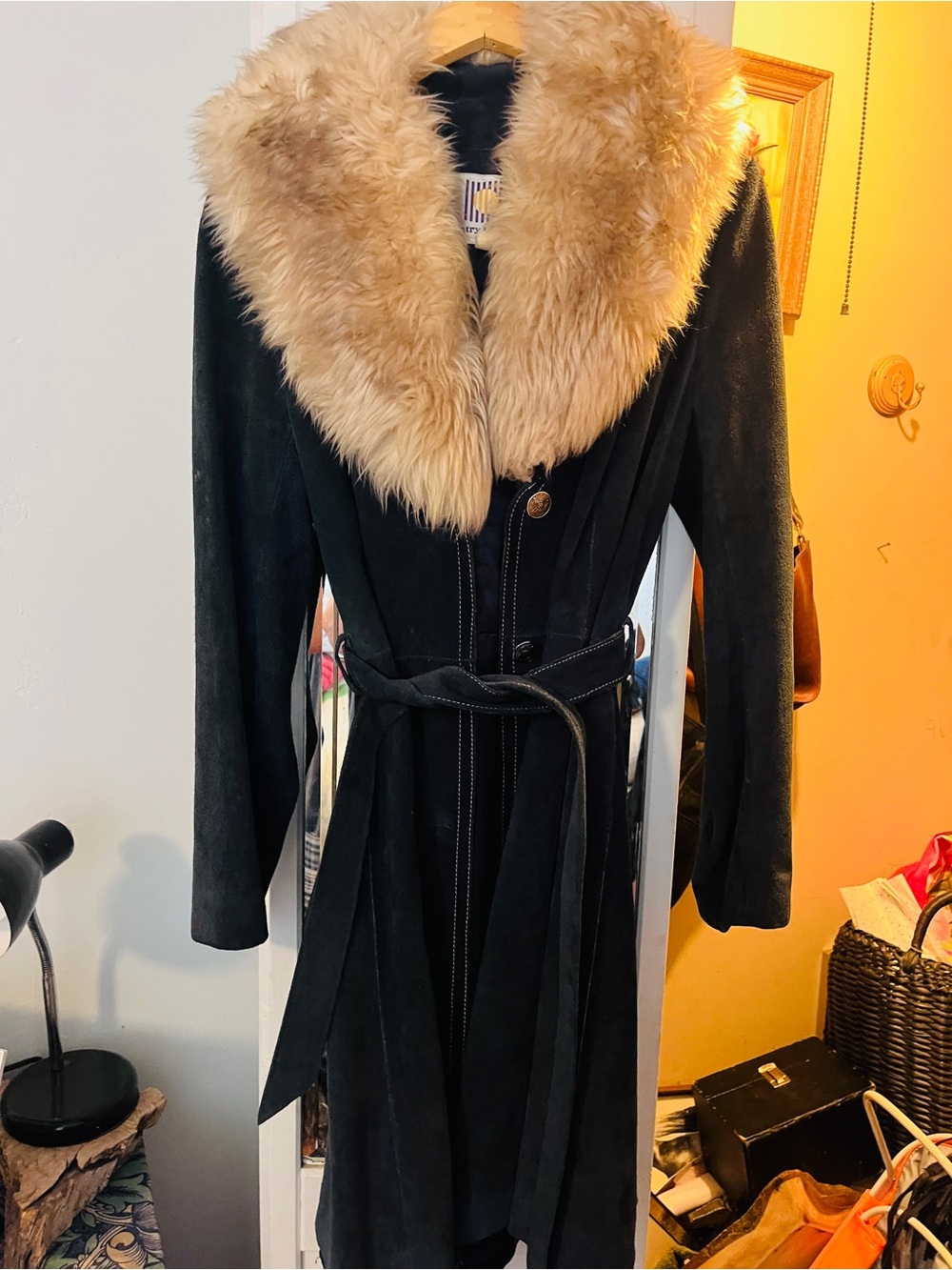 Womens Blue suede Faux Fur Collar Long Coat 1970s vintage